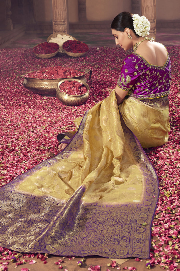 Heavy Weaving Work Art Silk Fabric Sangeet Wear Yellow Color Designer Saree With Embroidered Blouse