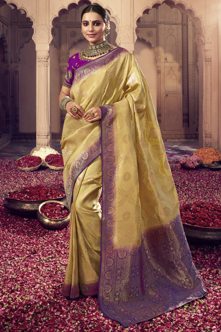 Heavy Weaving Work Art Silk Fabric Sangeet Wear Yellow Color Designer Saree With Embroidered Blouse