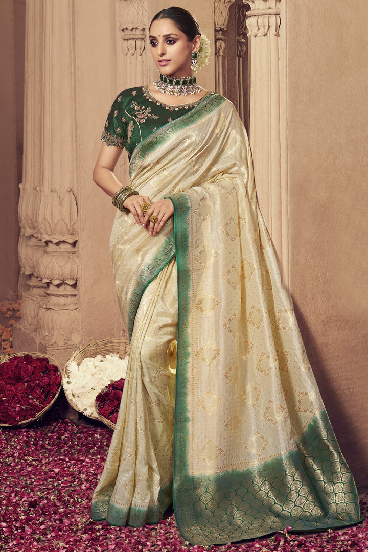 Art Silk Fabric Wedding Wear Off White Color Fancy Heavy Weaving Work Saree With Embroidered Blouse