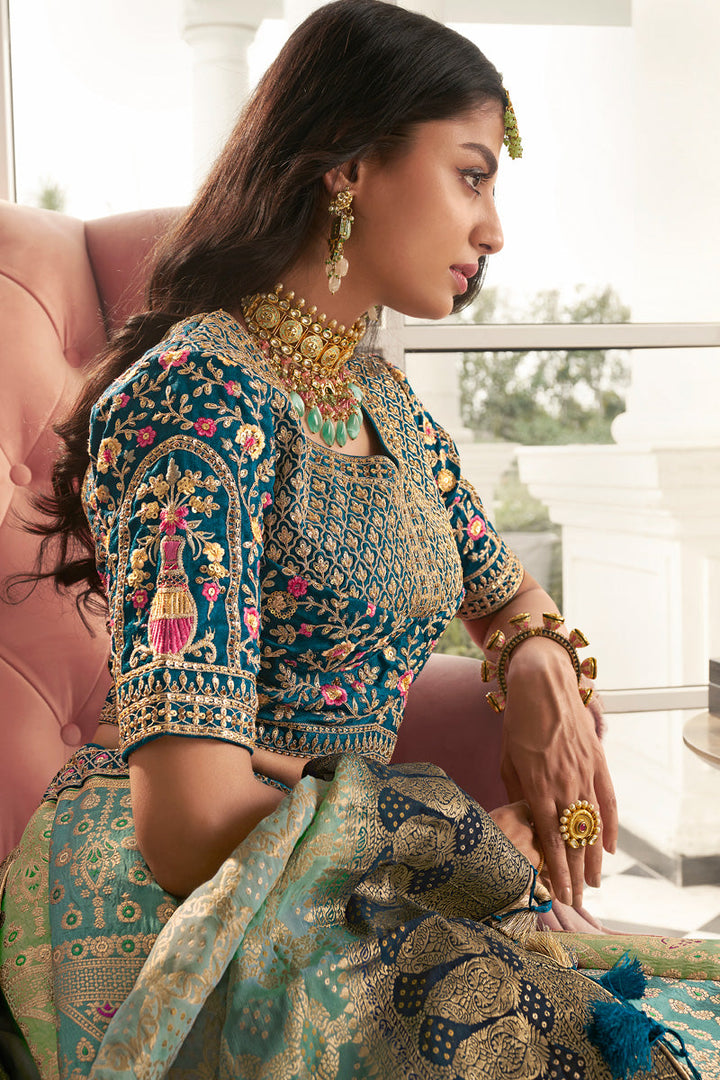 Teal Color Silk Bridal Lehenga With Embroidered Work
