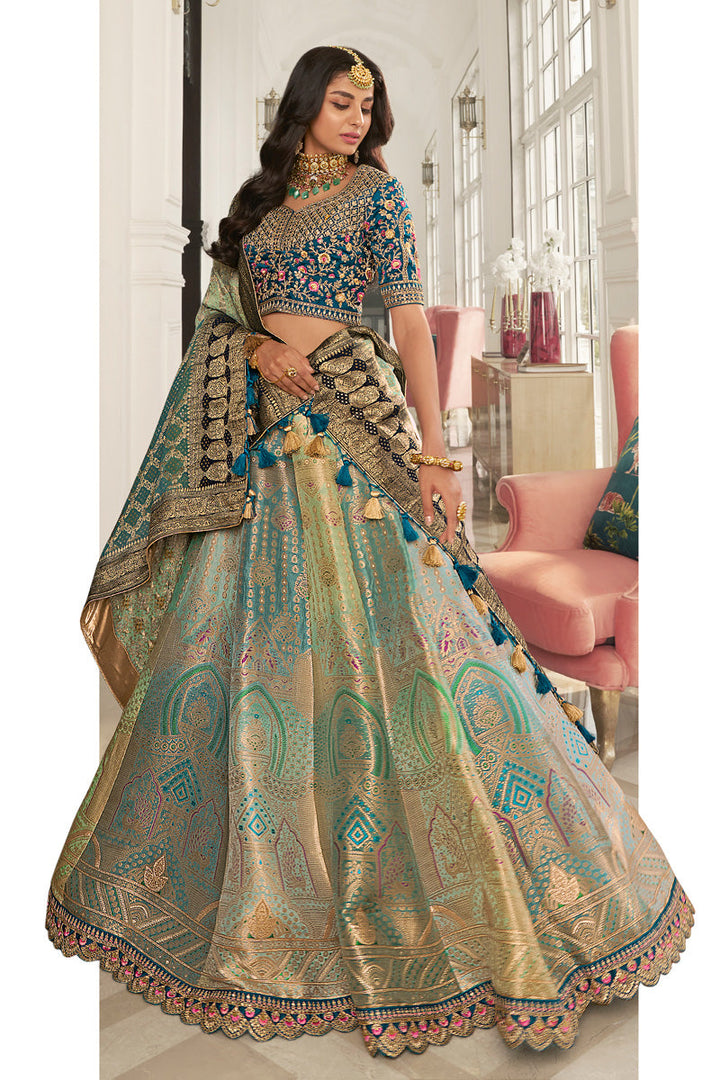 Teal Color Silk Bridal Lehenga With Embroidered Work