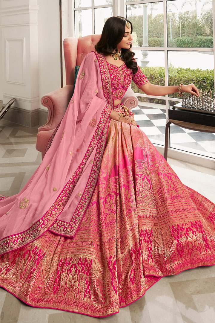 Embroidered Pink Silk Bridal Lehenga For Wedding