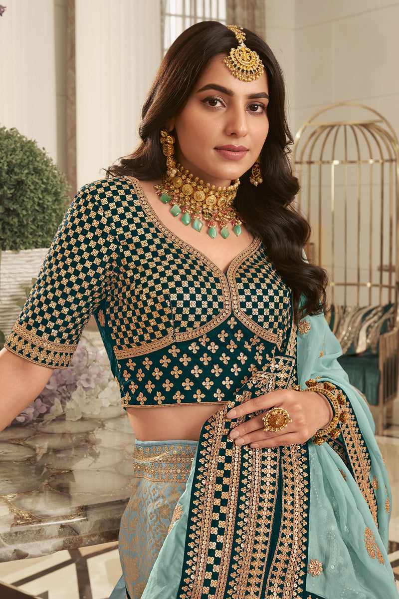 Teal Color Silk Embroidered Bridal Wedding Lehenga For Wedding