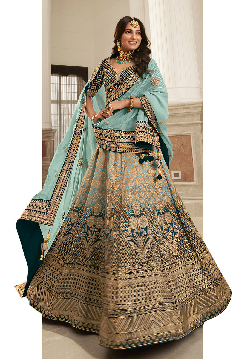 Teal Color Silk Embroidered Bridal Wedding Lehenga For Wedding