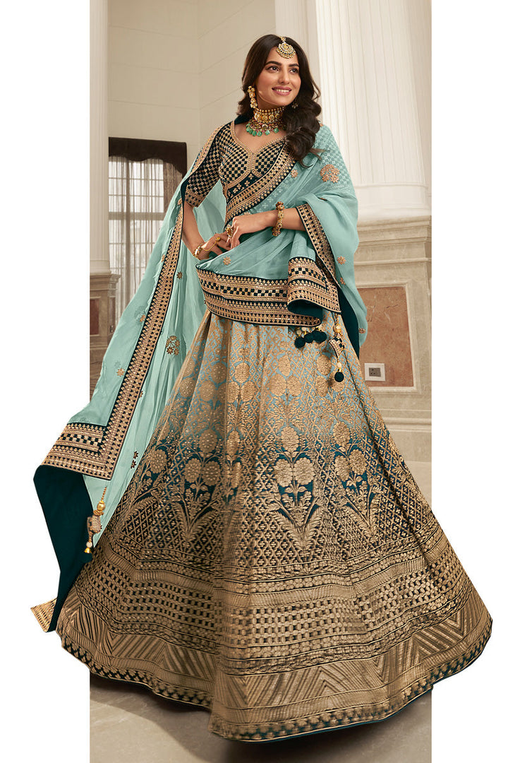 Teal Color Silk Embroidered Bridal Wedding Lehenga For Wedding