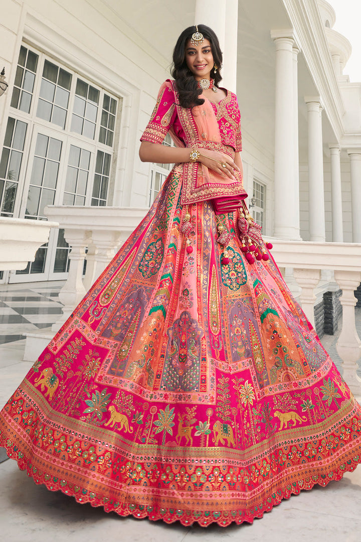 Peach Silk Party Wear Embroidered Bridal Lehenga