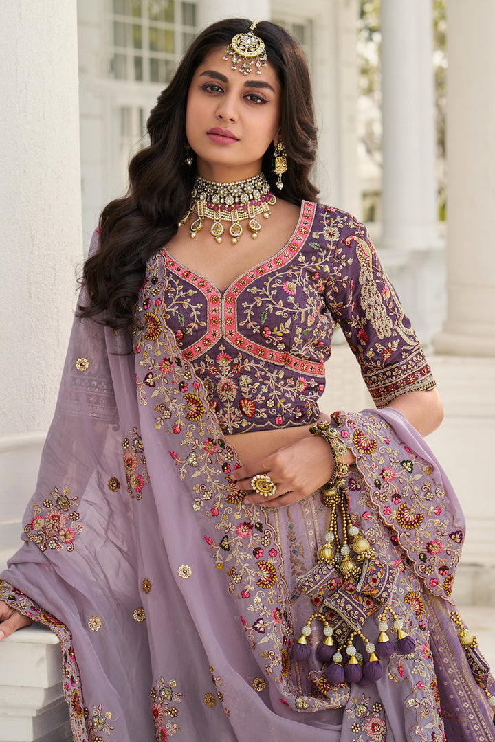 Lavender Silk Embroidered Wedding Wear Bridal Lehenga