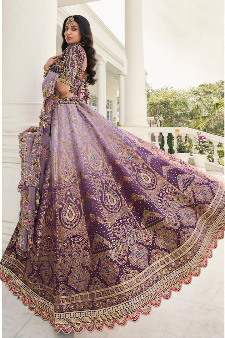 Lavender Silk Embroidered Wedding Wear Bridal Lehenga