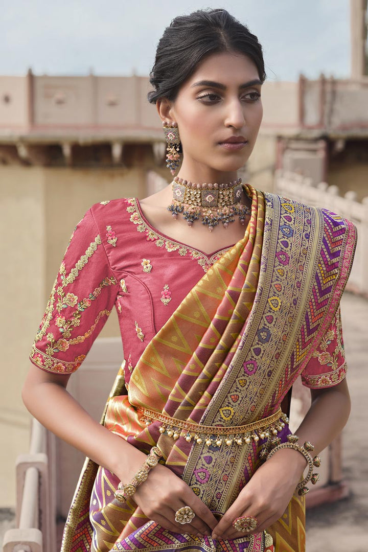 Multi Color Silk Fabric Weaving Work Chic Saree