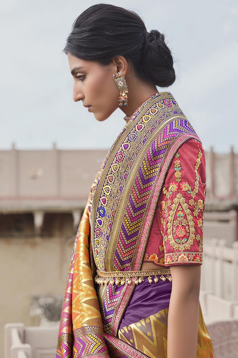 Multi Color Silk Fabric Weaving Work Chic Saree