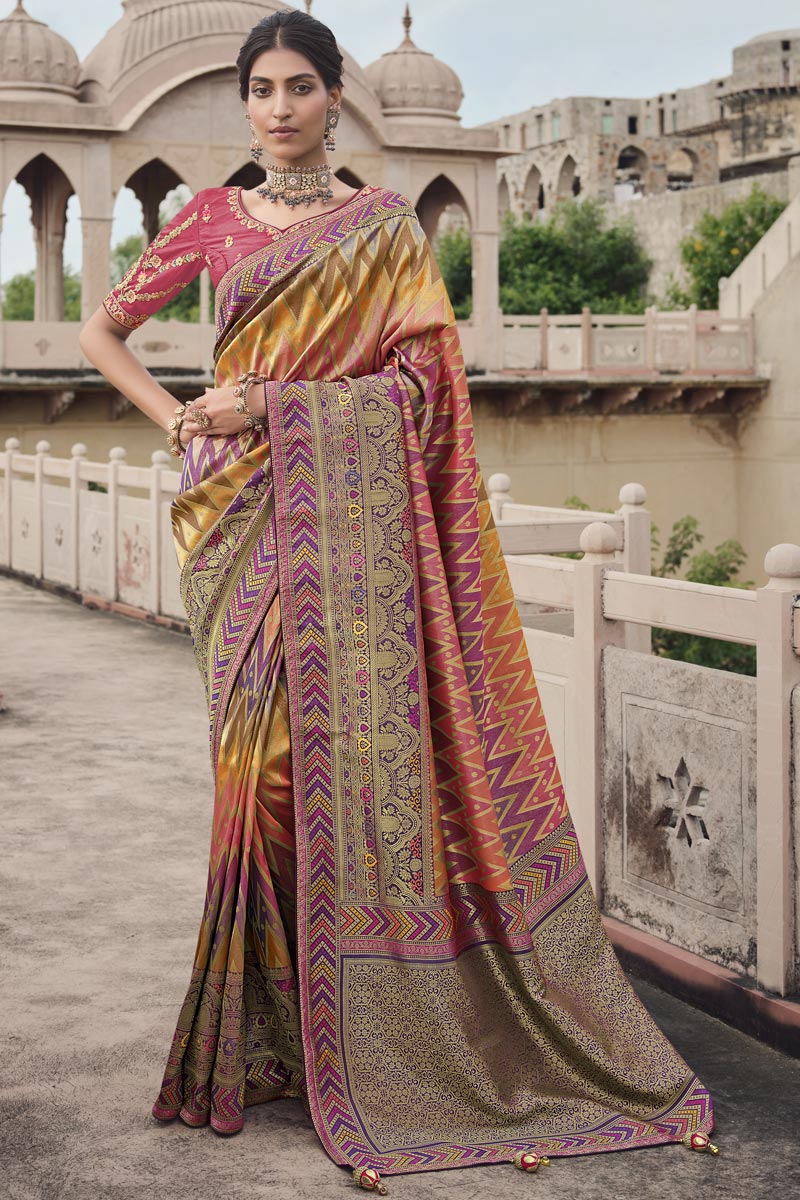 Multi Color Silk Fabric Weaving Work Chic Saree
