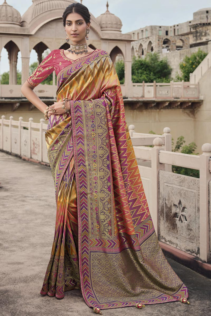 Multi Color Silk Fabric Weaving Work Chic Saree