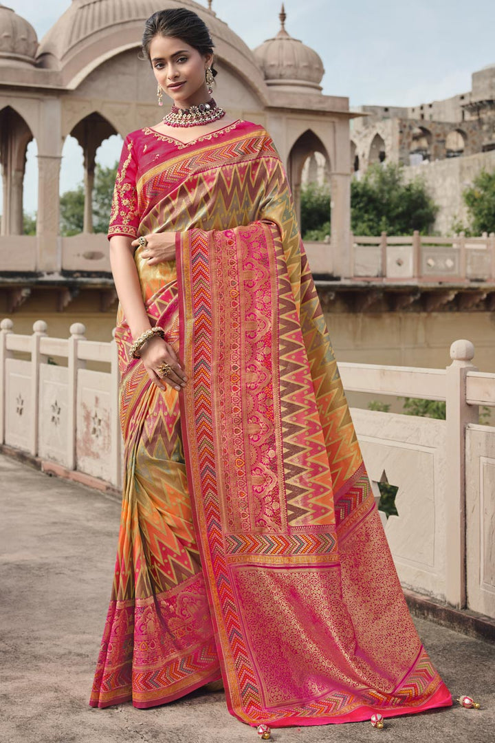 Weaving Work Brilliant Silk Fabric Saree In Multi Color