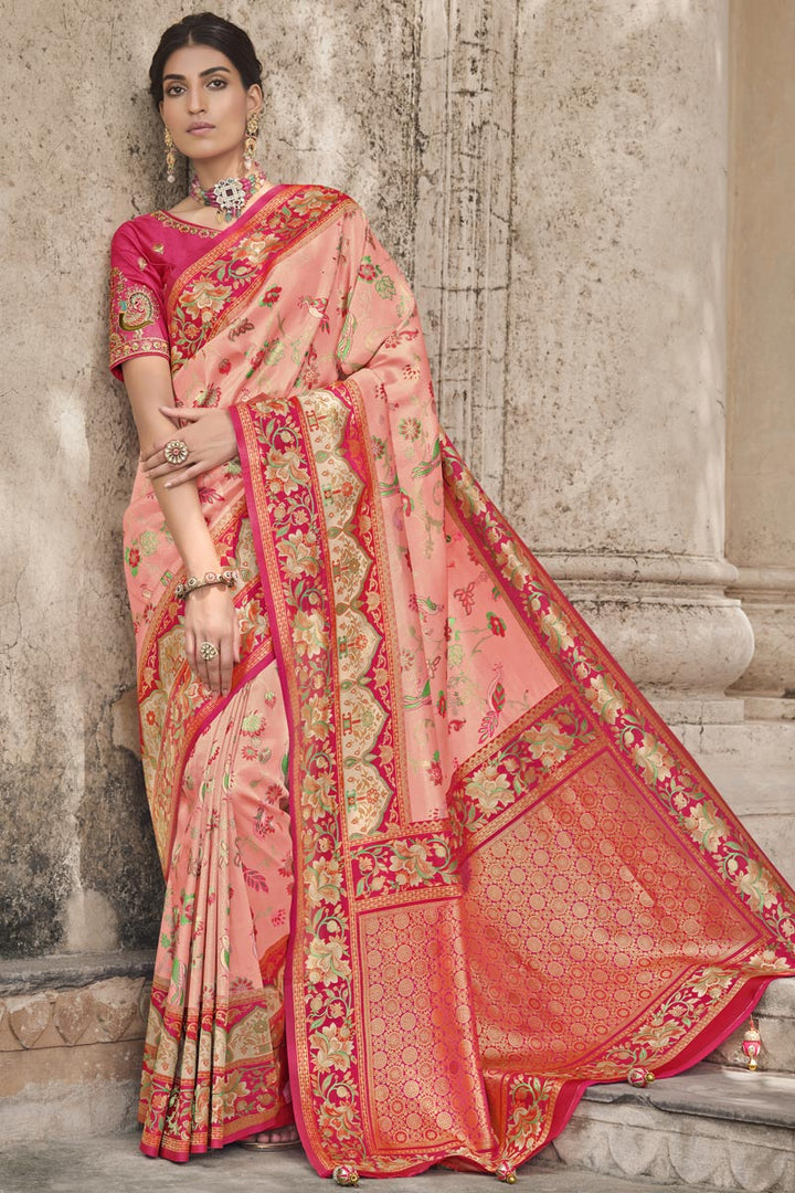 Silk Fabric Peach Color Weaving Work Soothing Saree
