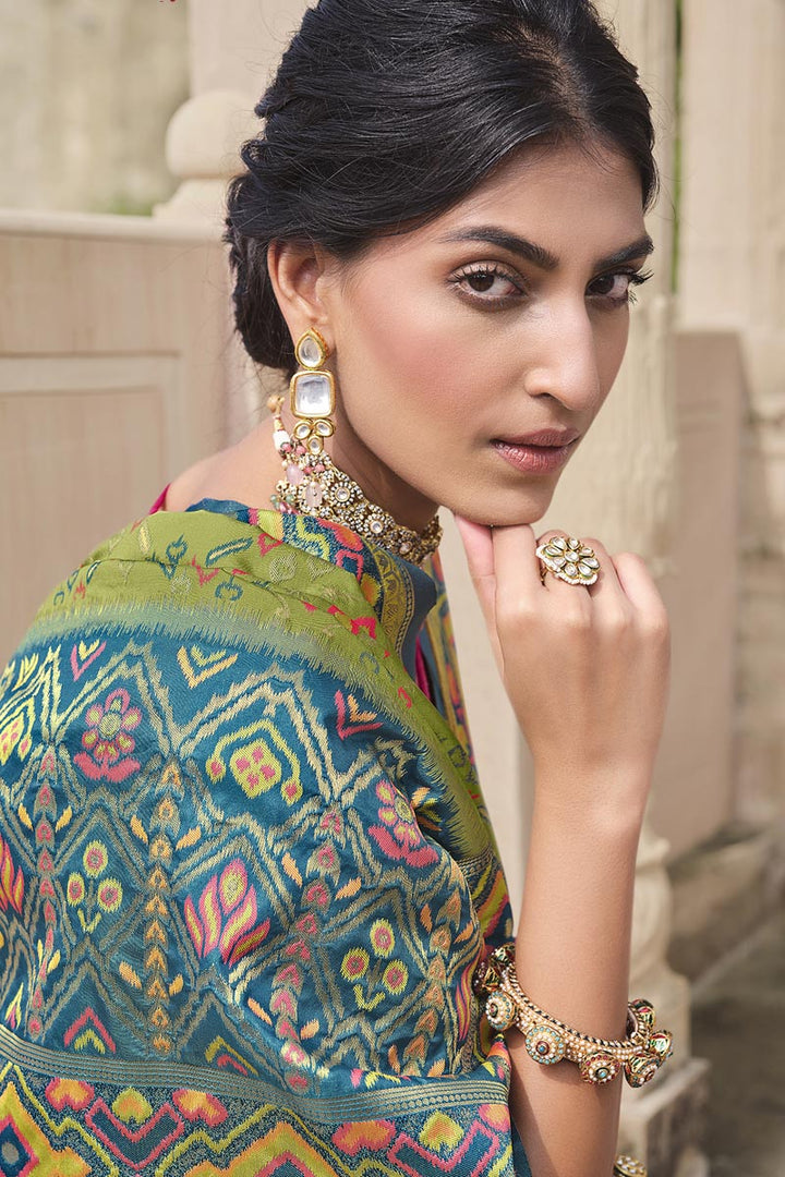 Silk Fabric Weaving Work Wonderful Saree In Olive Color
