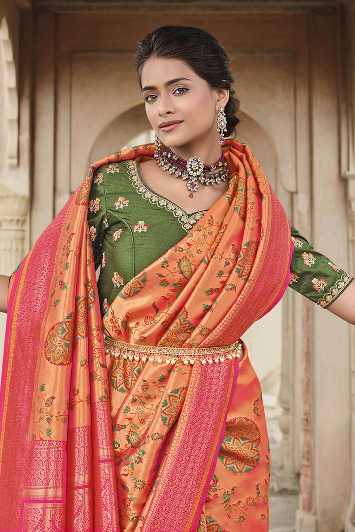 Silk Fabric Orange Color Weaving Work Fantastic Saree