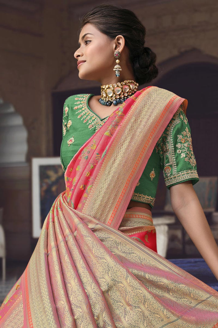 Pink Color Silk Fabric Weaving Work Awesome Saree