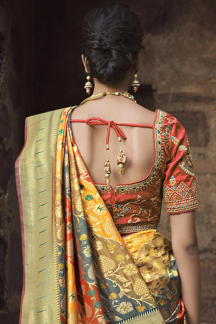 Silk Fabric Ingenious Weaving Work Saree In Multi Color