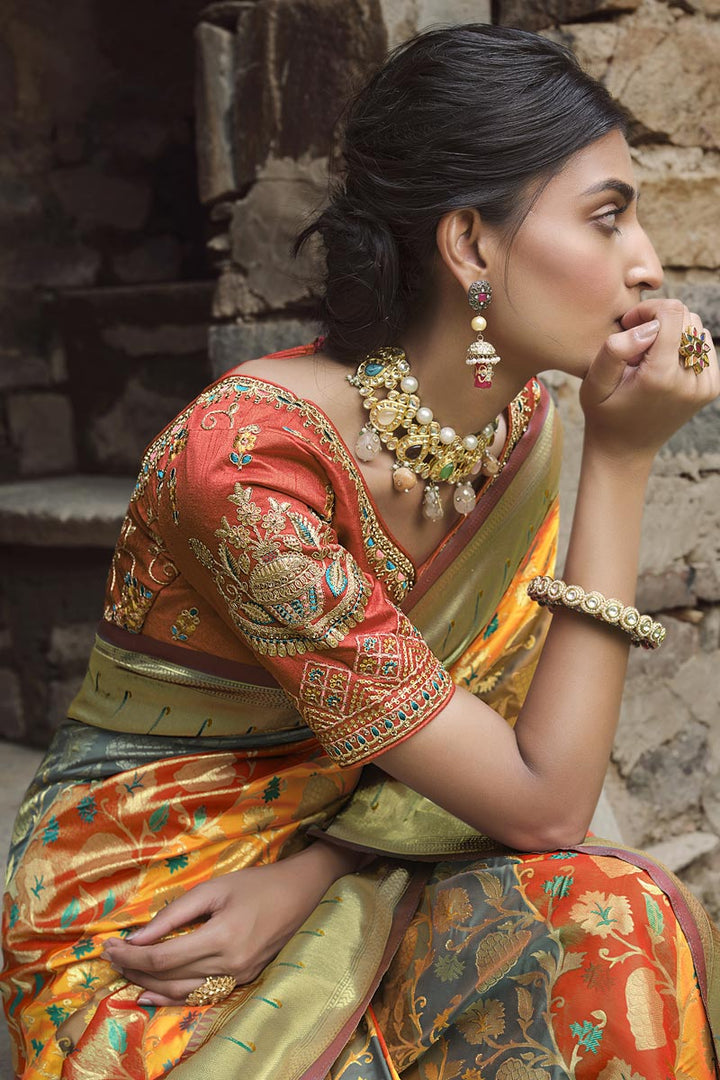 Silk Fabric Ingenious Weaving Work Saree In Multi Color