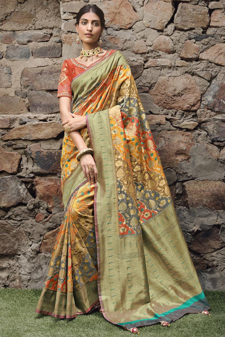 Silk Fabric Ingenious Weaving Work Saree In Multi Color