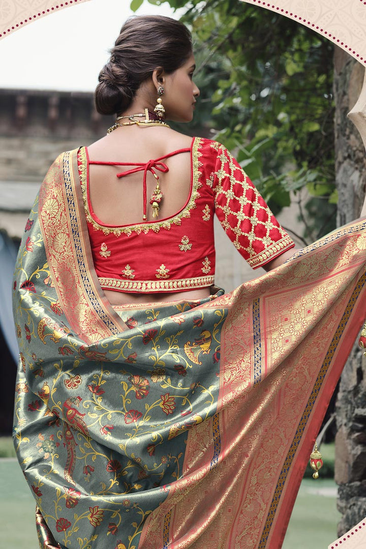 Grey Color Silk Fabric Appealing Weaving Work Saree