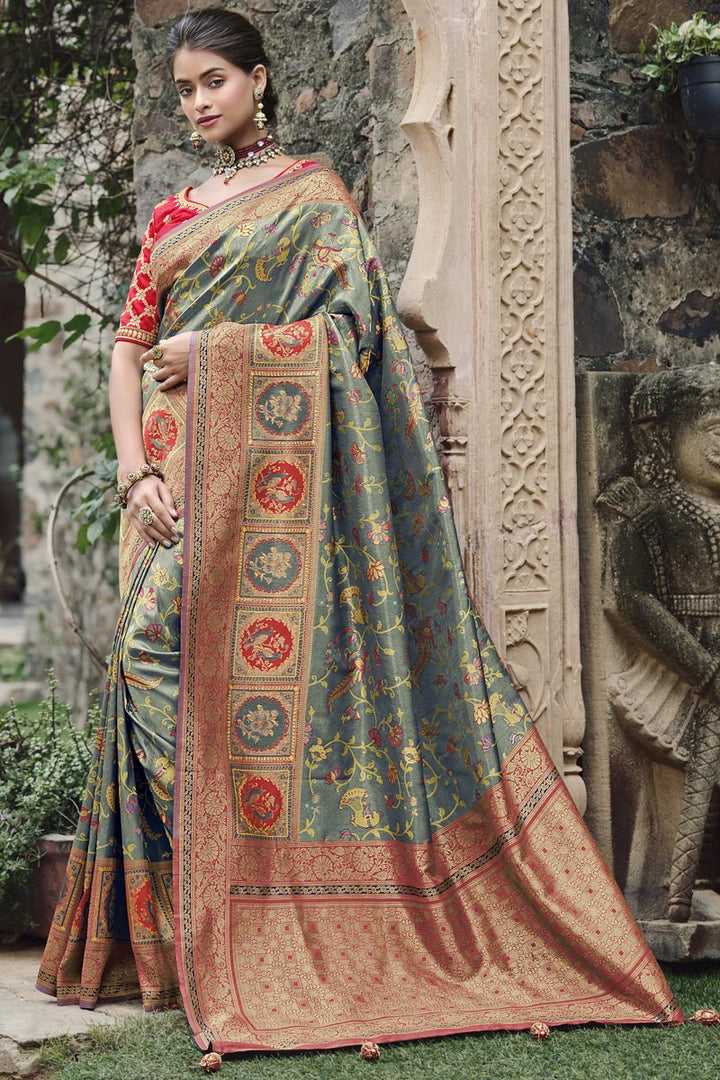 Grey Color Silk Fabric Appealing Weaving Work Saree
