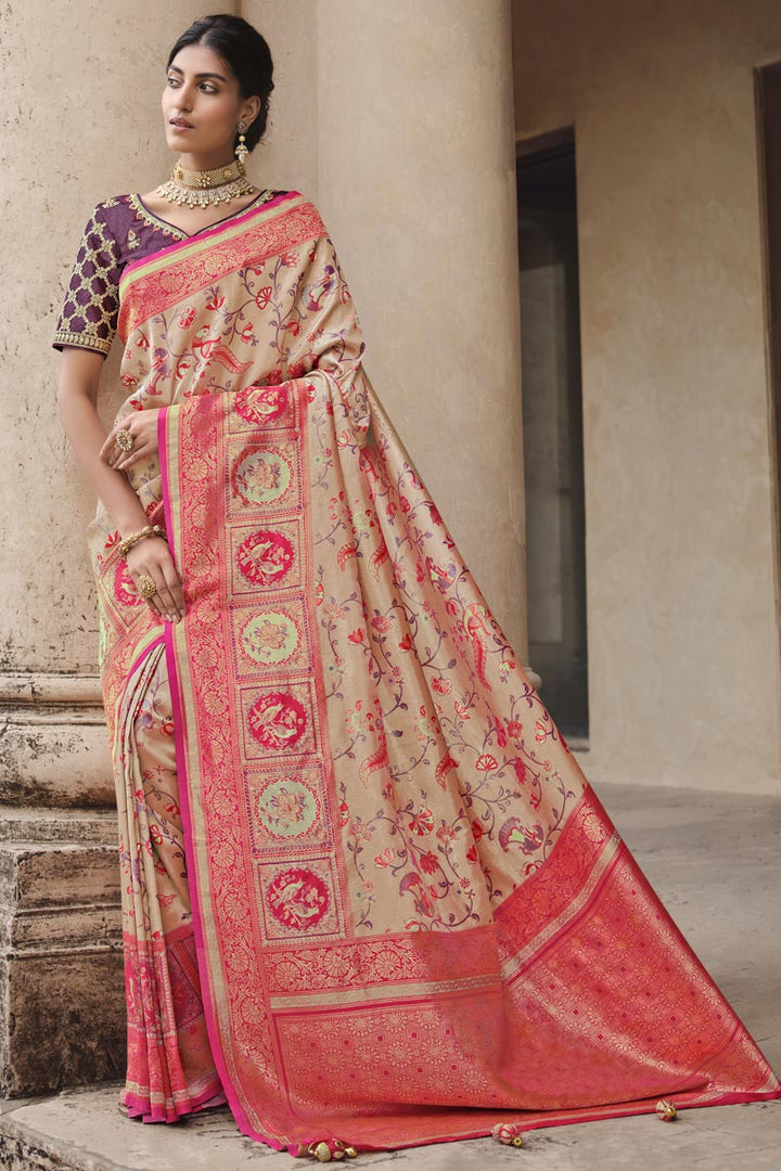 Beige Color Weaving Work Silk Fabric Vintage Saree