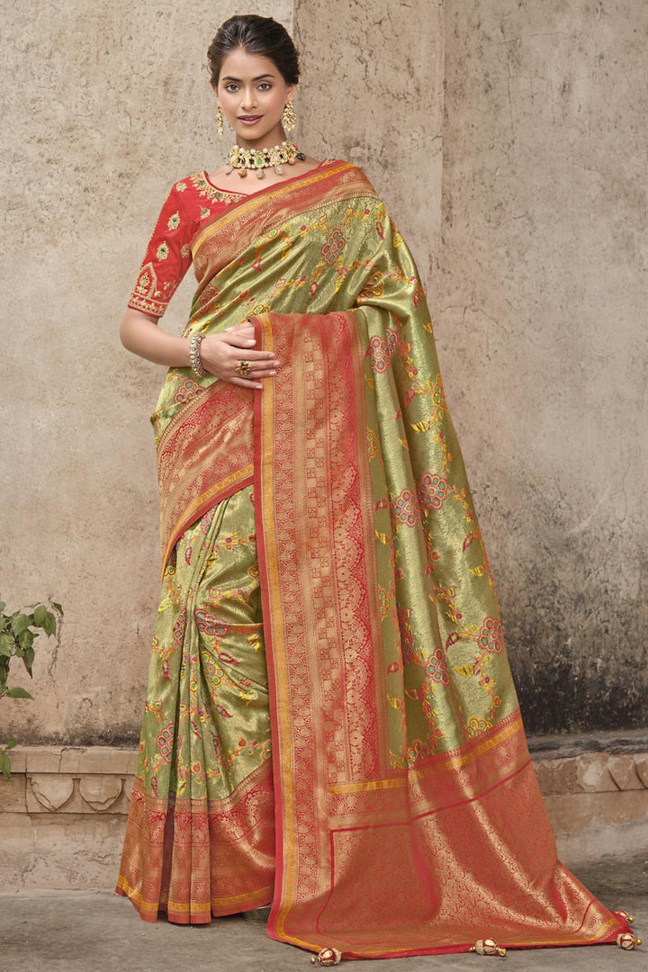 Silk Fabric Olive Color Weaving Work Stunning Saree