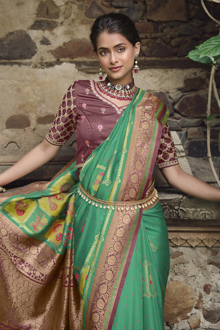 Weaving Work Silk Fabric Green Color Enticing Saree