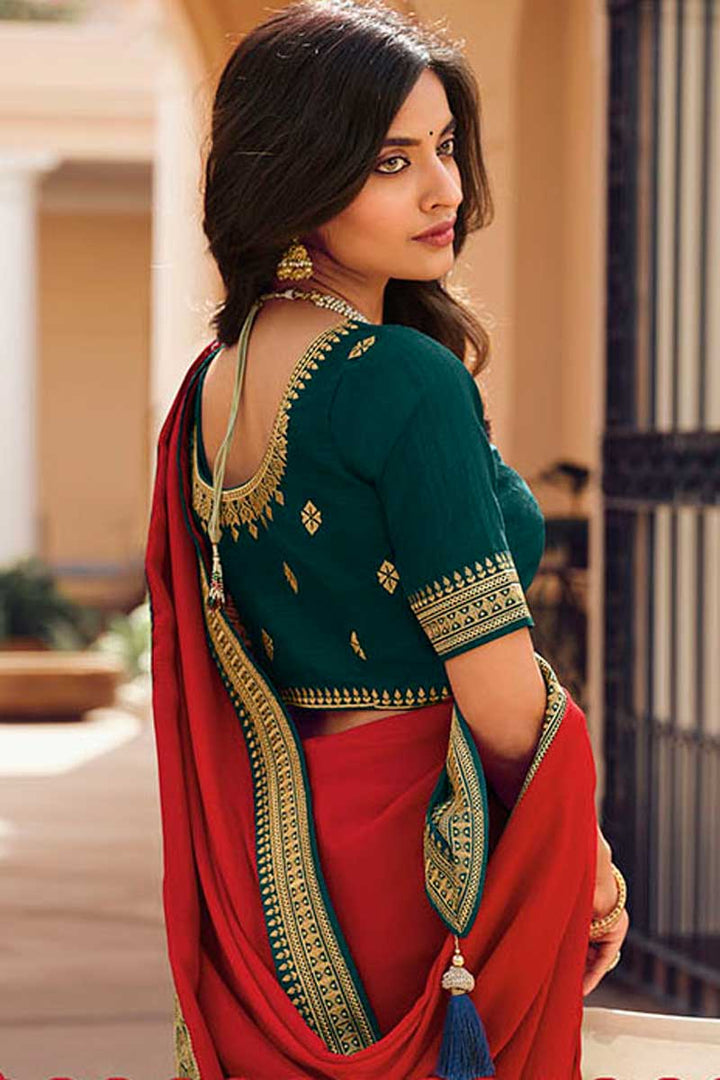 Art Silk Fabric Red Color Border Work Engrossing Saree