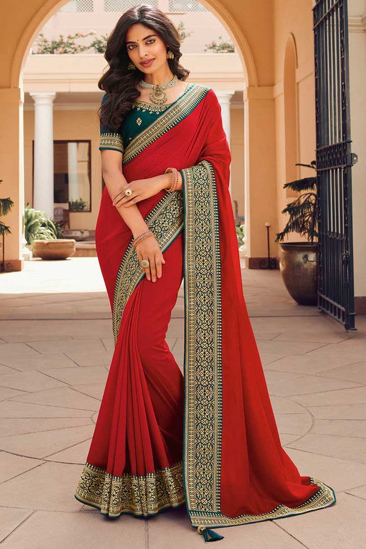 Art Silk Fabric Red Color Border Work Engrossing Saree