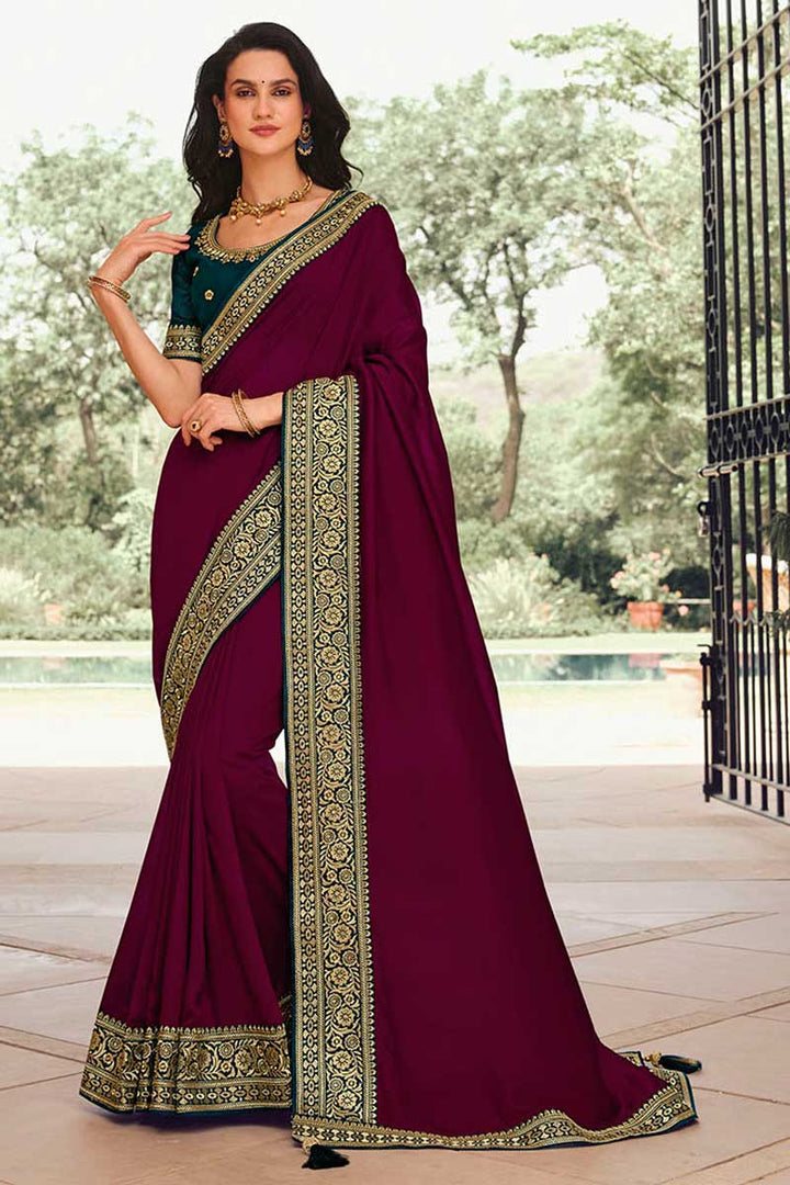 Maroon Color Border Work On Art Silk Intriguing Saree