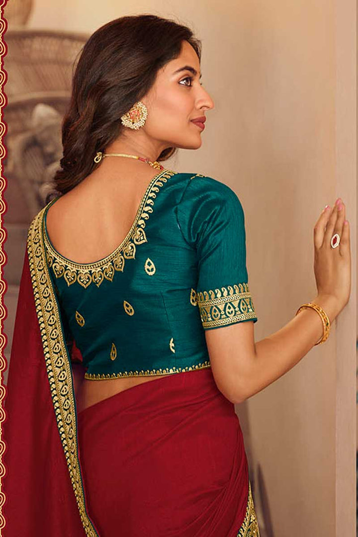 Border Work Red Color Art Silk Fabric Adorming Saree
