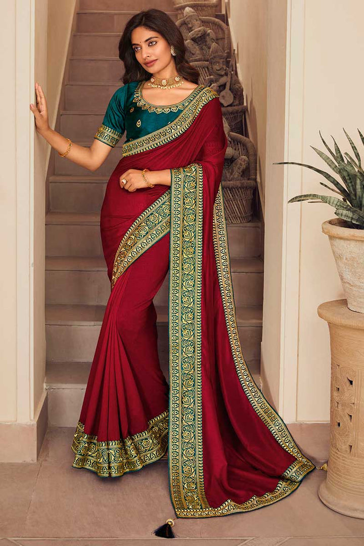 Border Work Red Color Art Silk Fabric Adorming Saree