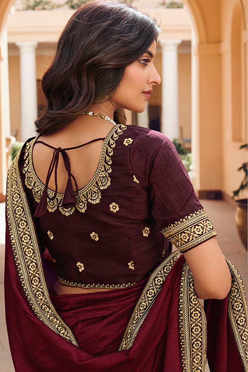 Burgundy Color Border Work Art Silk Fabric Divine Saree