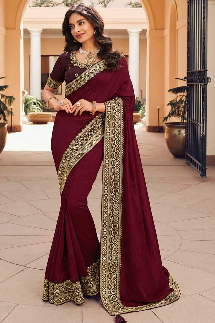 Burgundy Color Border Work Art Silk Fabric Divine Saree