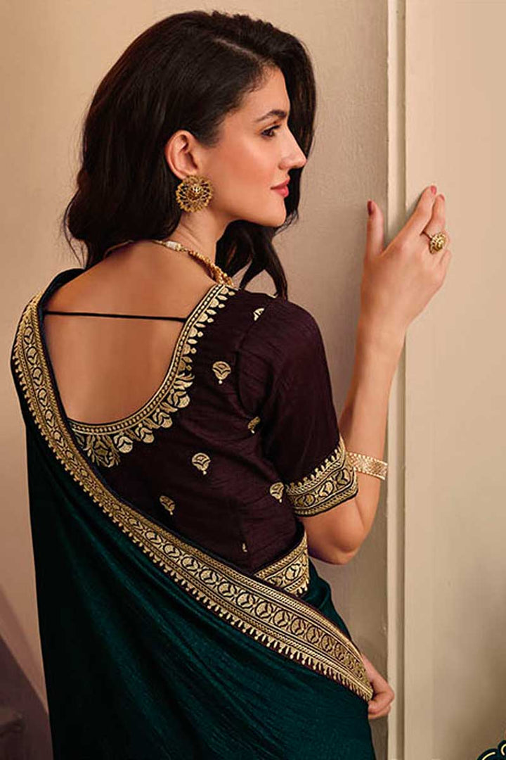 Border Work On Teal Color Art Silk Fabric Mesmeric Saree