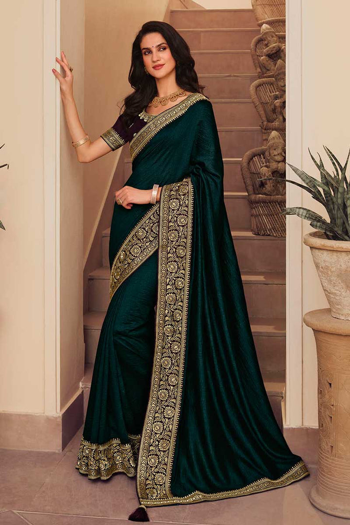 Border Work On Teal Color Art Silk Fabric Mesmeric Saree