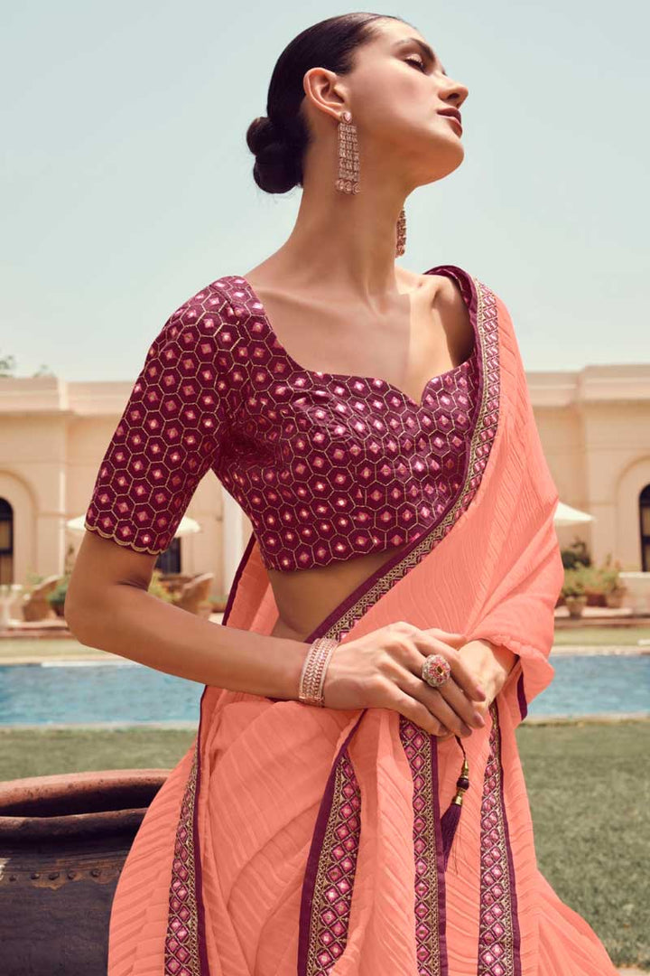 Creative Festive Look Crush Saree In Peach Color Art Silk Fabric