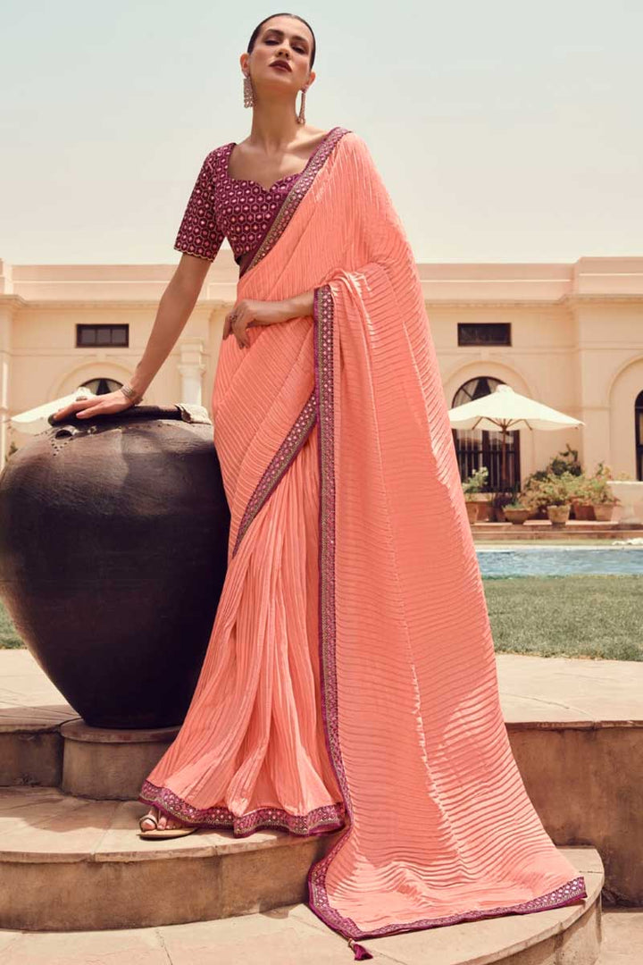 Creative Festive Look Crush Saree In Peach Color Art Silk Fabric