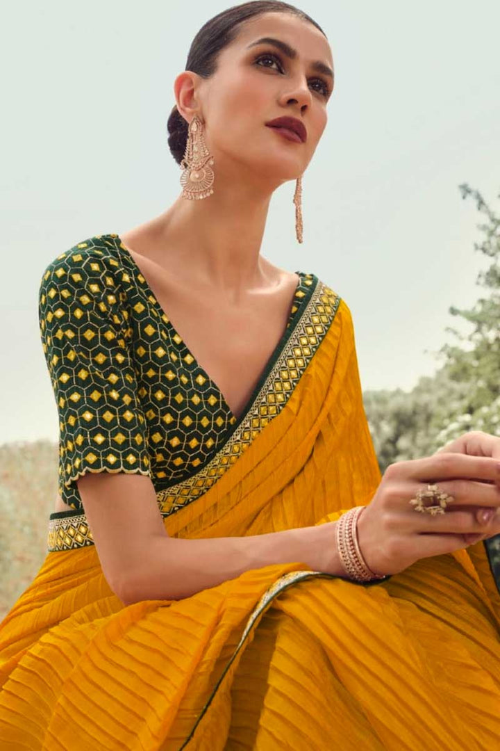 Radiant Mustard Color Art Silk Fabric Festive Look Crush Saree