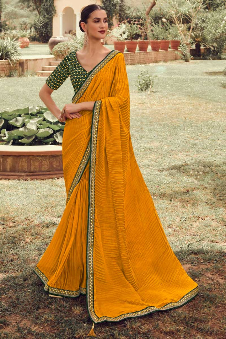 Radiant Mustard Color Art Silk Fabric Festive Look Crush Saree