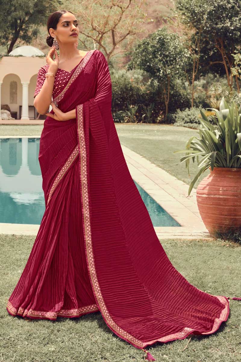 Dazzling Red Color Festive Look Crush Saree In Art Silk Fabric