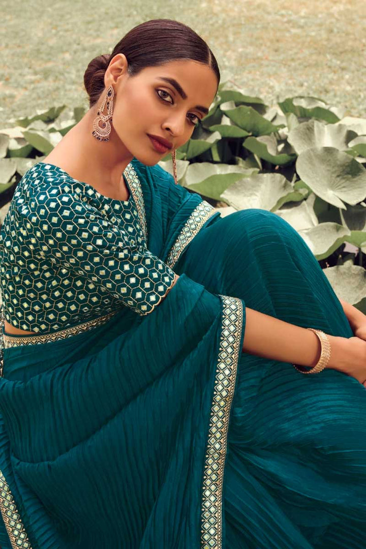 Art Silk Fabric Teal Color Winsome Festive Look Crush Saree