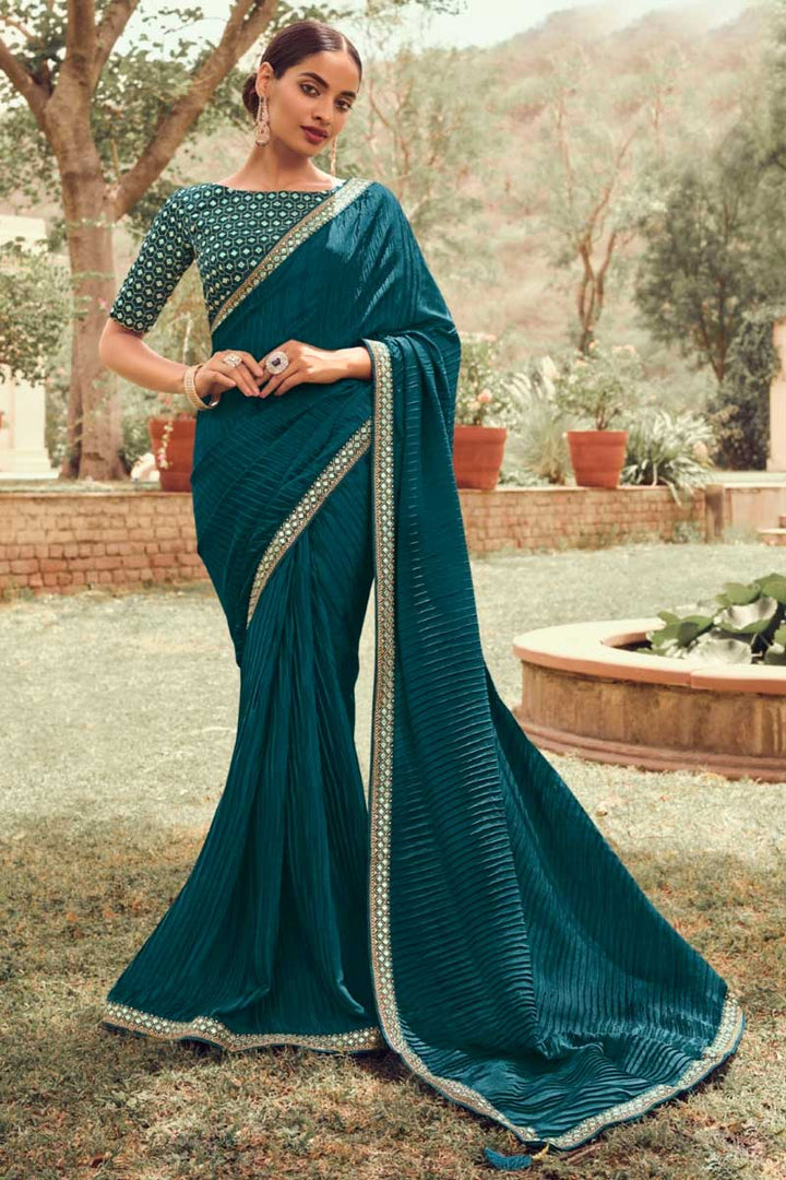 Art Silk Fabric Teal Color Winsome Festive Look Crush Saree
