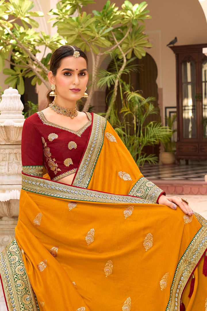 Art Silk Fabric Yellow Color Embroidery Border Work Traditional Saree