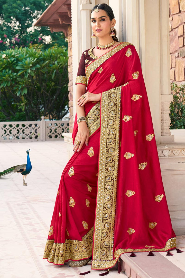 Red Color Art Silk Fabric Maevelous Embroidery Border Work Saree