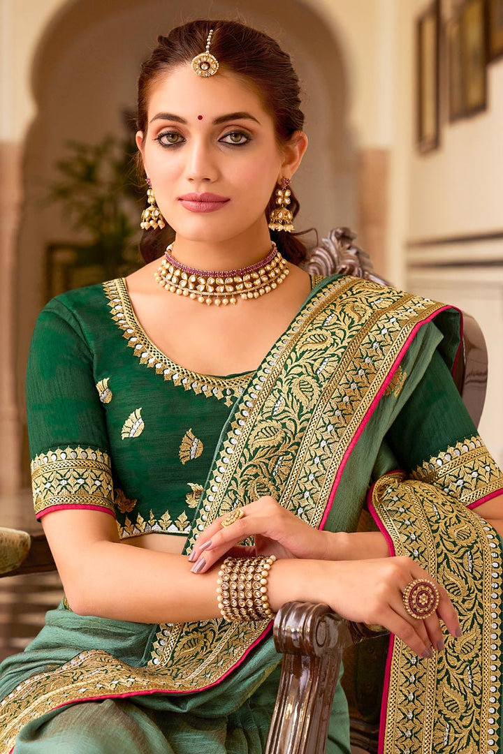 Art Silk Fabric Classic Sea Sea Green Color Embroidery Border Work Saree