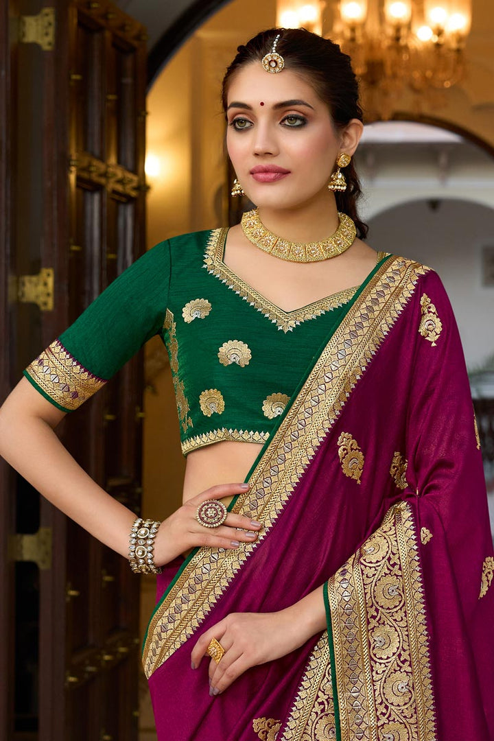 Burgundy Color Charming Embroidery Border Work Art Silk Fabric Saree
