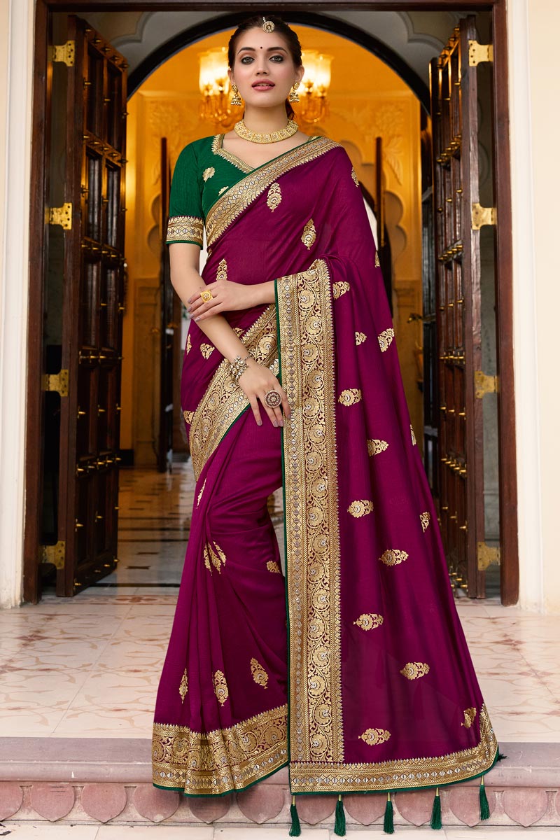 Burgundy Color Charming Embroidery Border Work Art Silk Fabric Saree